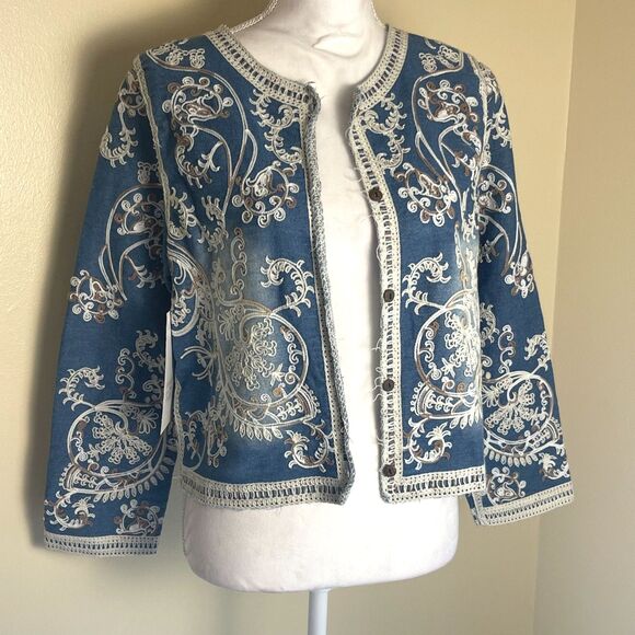 Indigo & Lace Boho Embroidered Denim Jacket Sz M Romantic Crochet Cottage Folksy - Picture 7 of 11